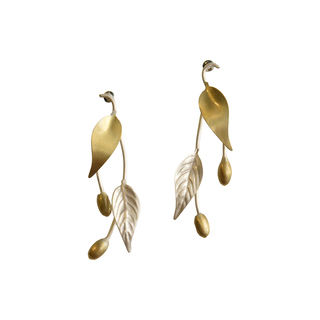 Women's Handmade Big Olive Branch Earrings Lila Mode SK0299-SG Brass Gold Plated-Silver IP