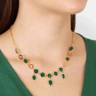 Women's Necklace Drops Orchid Steel-Gold Plated With Green Crystals DCO040B Anartxy