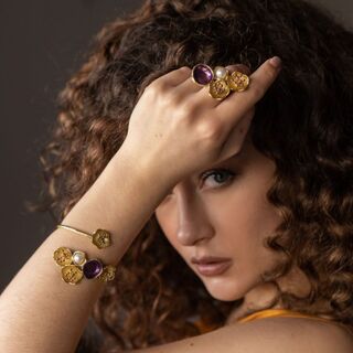 Women's Handmade Camilia Ring GD1470 Kalliope Brass-Enamel-Pearl