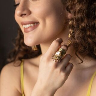 Women's Handmade Dalliance Ring GD1472 Kalliope Brass-Enamel-Pearl