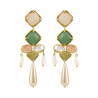 Women's Earrings IRIS Desperate Design Bronze Gold Plated Stones Pink Agate-Aventurine-Mother Of Pearl