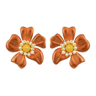 Women's Handmade Earrings AMARYLLIS Desperate Design Bronze Nanoceramic-Baroque Pearl-Orange Agate
